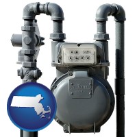 massachusetts map icon and a residential natural gas meter