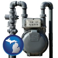 michigan map icon and a residential natural gas meter